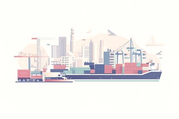 Obraz premium Cargo Ship at a Harbor with Container Cranes and City Skyline Illustration