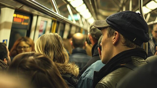 Man riding a crowded subway train, feeling uneasy among passengers, navigating urban public transportation during rush hour