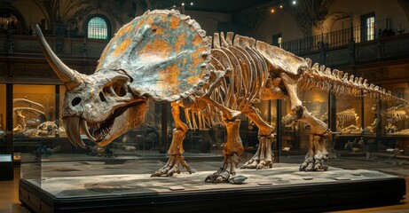 Skeletal structure of a triceratops-like dinosaur displayed at a museum, showcasing decay in its...