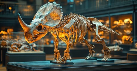 Fototapeta premium A cartoonish triceratops skeletal structure decaying in a museum exhibition of dinosaur fossils during daylight hours