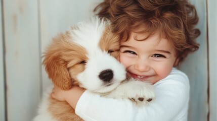 A child is hugging a fluffy puppy with a bright smile, capturing the pure joy and warmth shared between them.