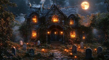 Fototapeta premium Halloween haunted house with spooky graveyard