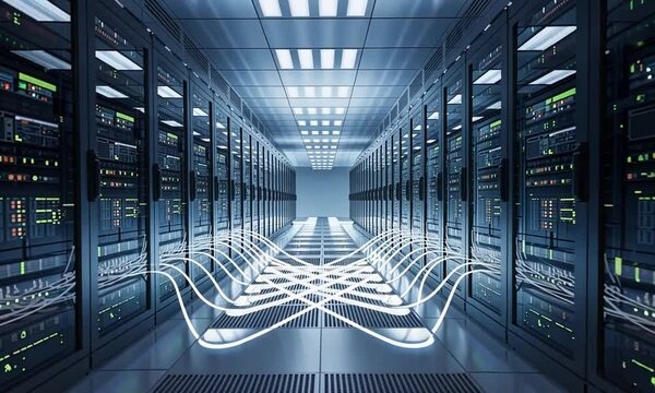 Illuminated by diffuse blue lighting, digital information flows through network cables and servers housed behind glass panels in the high-tech server room of a data center.
