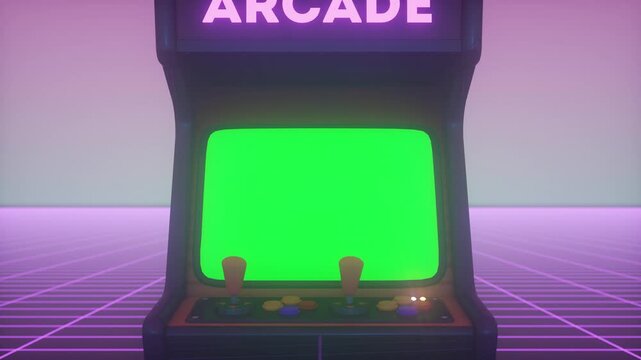 Retro Arcade Machine. Glowing Arcade Machine with green screen. Zoom In