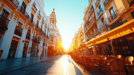 Obraz premium A bustling street bathed in the golden glow of sunset, with lively cafés and street life adding vibrancy to the architectural splendor of the cityscape.