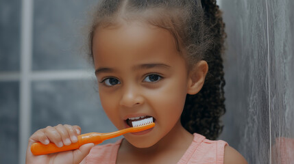 Girl brushing teeth demonstrating personal hygiene and daily routine. AI generated