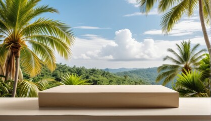 Fototapeta premium Beige Tabletop in Jungle Setting with Sky Background