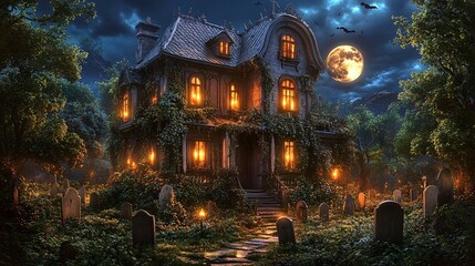 Illustration of Halloween haunted house with spooky graveyard.