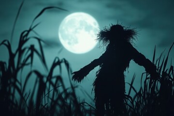 Sinister scarecrow in moonlit, with copy space