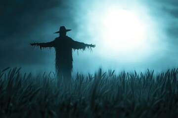 Sinister scarecrow in moonlit, with copy space