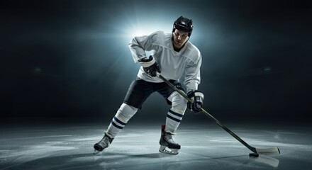 Fototapeta premium Hockey Player on Ice With Stick and Puck