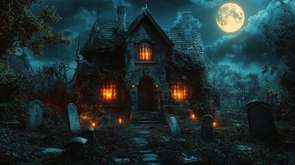 Obraz premium Halloween haunted house with spooky graveyard