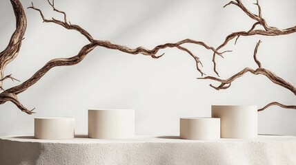 Minimalist Mockup Background with Organic Twisted Wooden Branches and Neutral-Toned Cylindrical Podiums