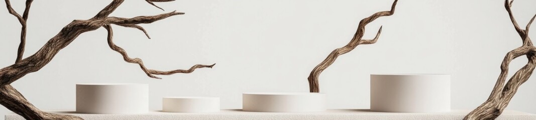 Minimalist Mockup Background with Organic Twisted Wooden Branches and Neutral-Toned Cylindrical Podiums
