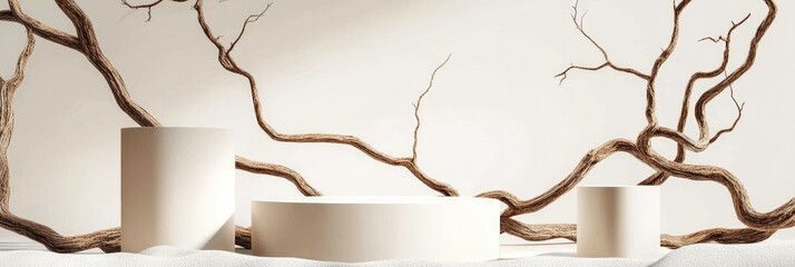 Minimalist Mockup Background with Organic Twisted Wooden Branches and Neutral-Toned Cylindrical Podiums
