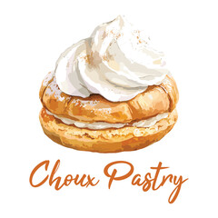choux pastry in watercolor illustration style, isolated vector on white background