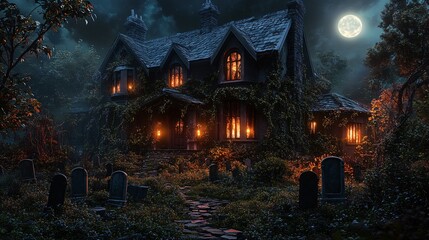 Fototapeta premium Cartoon Halloween haunted house at night