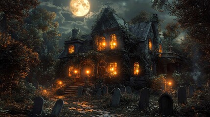 Cartoon Halloween haunted house at night