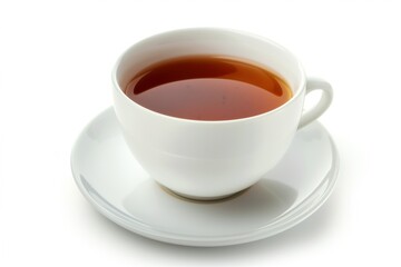 Close-up of a single cup of tea on a white background. Ceramic mug with a floral design, a black teabag, and a saucer. Tea is a popular breakfast beverage, hot drink for relaxation.