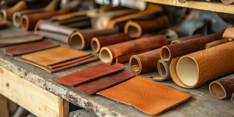 Leathersmith or leather craftsman. parts for leather craft project on his work table or workbench. Hand-edited generative AI