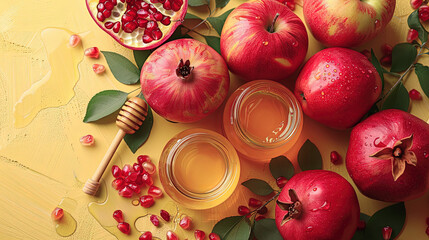 Rosh Hashanah Jewish New Year holiday concept Traditional symbols Honey jar apples pomegranate
