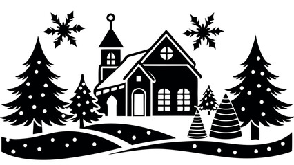 Naklejka premium winter landscape with church and tree