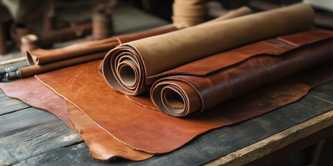 Leathersmith or leather craftsman. parts for leather craft project on his work table or workbench. Hand-edited generative AI