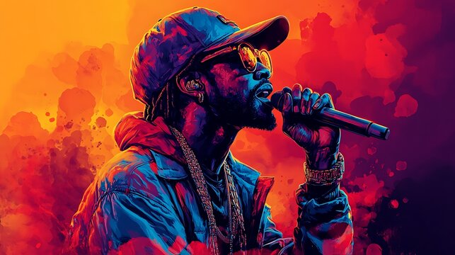 Male singer performing on stage with microphone and sunglasses, vibrant colors, music concept.