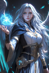 female aasimar sorceress wielding cosmic blue magic under starry sky
