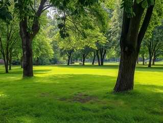 Naklejka premium Rich green grass and trees in a serene park landscape. Natural surroundings with vibrant foliage and botanical beauty. Calm and peaceful countryside scene.