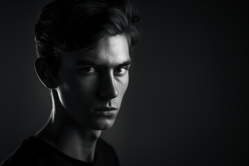 Obraz premium Serious young man poses on dark background with black, white effect. Attractive caucasian male wears casual attire, stylish clothes, has hipster haircut. He looks photogenic with serious expression.