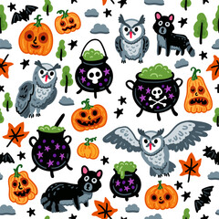 Seamless pattern of Halloween characters, Children flying white owls, black cats and witches cauldron among autumn forest