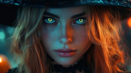 Fototapeta premium Enchanting Witch in Autumn Setting with Pumpkins and Magical Atmosphere