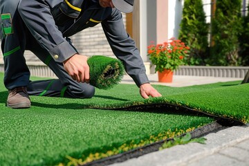 Man in uniform installs artificial turf outdoors. Close-up of hands working on green turf. Adult male in uniform measures, cuts, installs synthetic grass. Gardening, landscaping, lawn care, outdoor