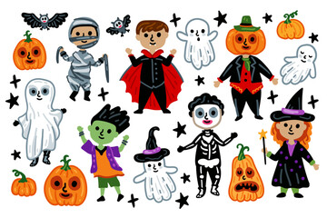 Cute kids Halloween set. Children in funny and scary witch, vampire and monster costumes. Cute characters and magical items for Halloween party. Flat vector illustration.