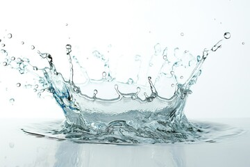 Single drop of water falls on white background. Water splash creates beautiful motion, fluid movement. Fresh, clean liquid hits surface, purity intact.