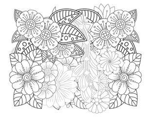 Mehndi flower for henna, mehndi, tattoo, decoration. decorative ornament in ethnic oriental style. Doodle flowers. Flower pattern. Vector doodle flowers in black and white. Page adult coloring book