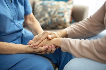 Senior woman receives hand massage from caregiver at home. Elderly female patient lies on bed, receives care and assistance from nurse. Hands of caregiver and patient are in close touch, gentle touch.