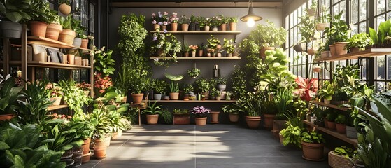A vibrant indoor garden filled with various potted plants showcasing lush greenery and natural light.