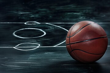 Close-up of basketball game scheme on blackboard background. Chalk drawing of basketball court with arrows, lines. Illustration of team strategy, tactics. Detailed diagram of basketball field with