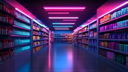 A vibrant, neon-lit aisle in a modern store, showcasing colorful products on shelves under bright lighting.