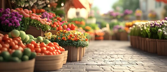 Fototapeta premium A vibrant market scene featuring fresh fruits and flowers in colorful baskets, showcasing nature's beauty in a charming setting.