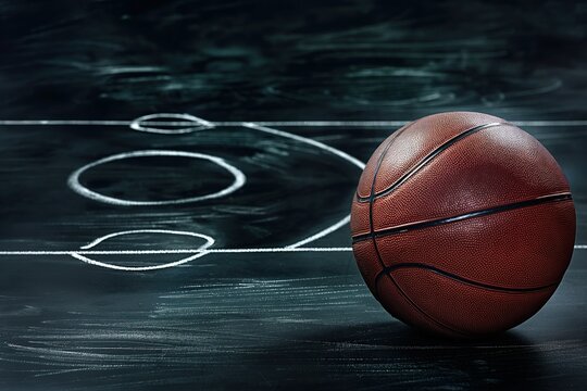 Close-up of basketball game scheme on blackboard background. Chalk drawing of basketball court with arrows, lines. Illustration of team strategy, tactics. Detailed diagram of basketball field with
