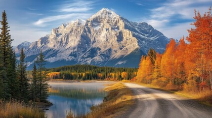 Fototapeta premium A winding road leads through a forest towards a majestic snow-capped mountain with a calm lake reflecting the mountain in the foreground.