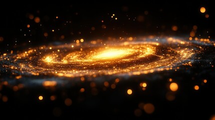 Golden Swirling Galaxy With Bright Stars And Cosmic Particles