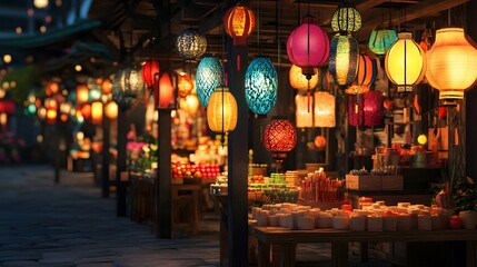 Colorful lanterns brighten up a bustling market, creating a vibrant atmosphere filled with charm and allure at dusk.
