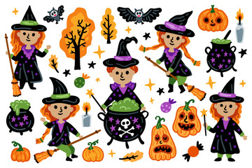 Halloween characters scary witch, pumpkin and flying bat, cauldron. Collection. For children room designs.