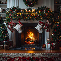 Christmas Fireplace with Decorations and Stocking Illustration