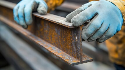 Structural Engineer Close-up of gloved hands inspecting a steel beam connection, Structural Engineer, safety and structural integrity