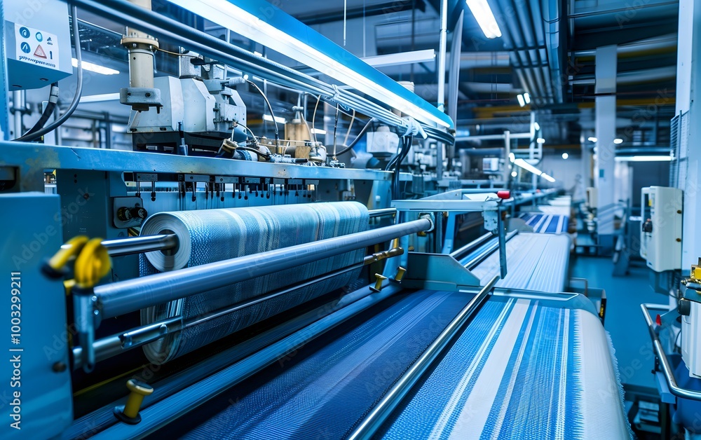 Poster modern textile production line with advanced machinery and conveyor system. efficient automation in 